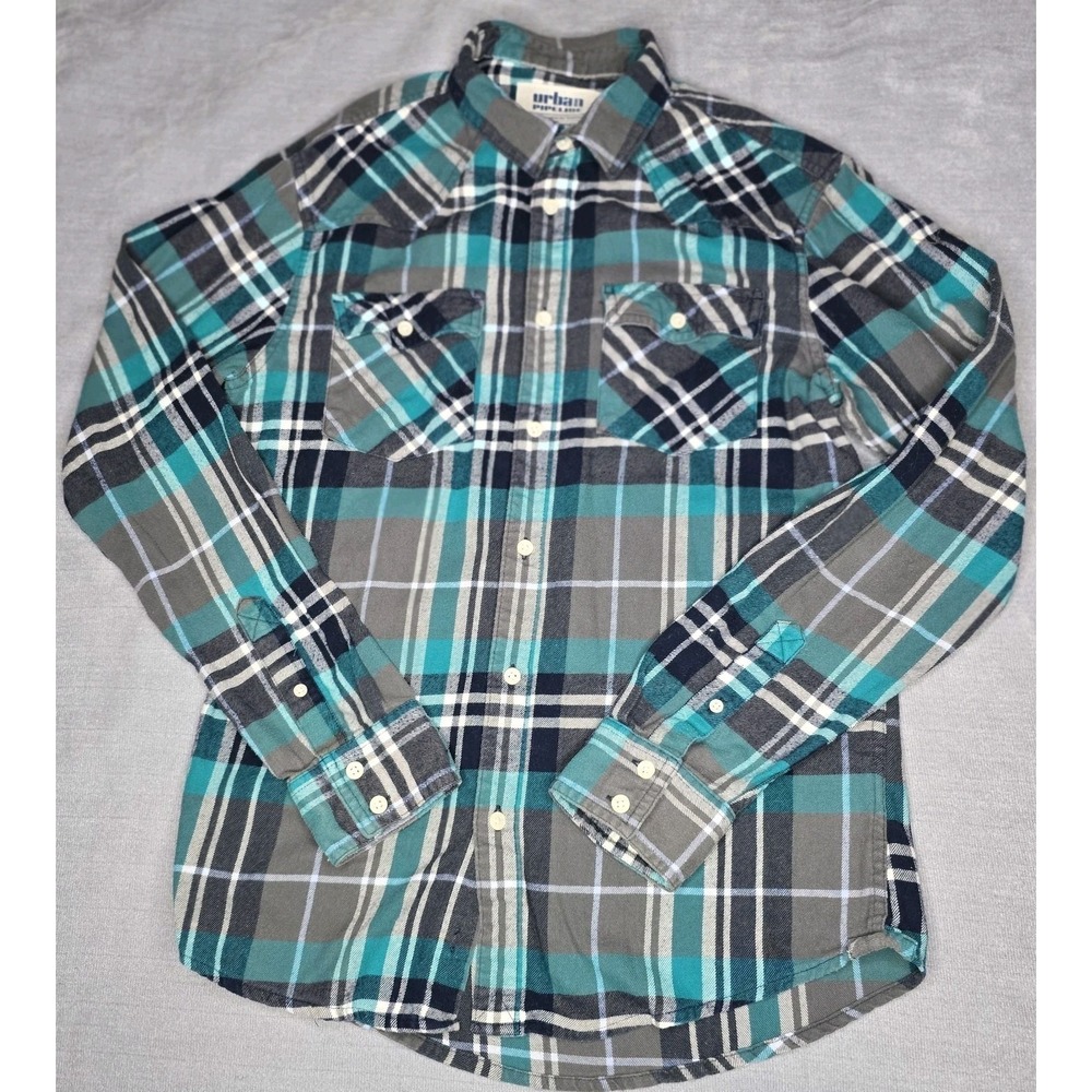 Urban Pipeline Flannel Shirt Mens Small Teal Grey Plaid Western Cotton Button Up
